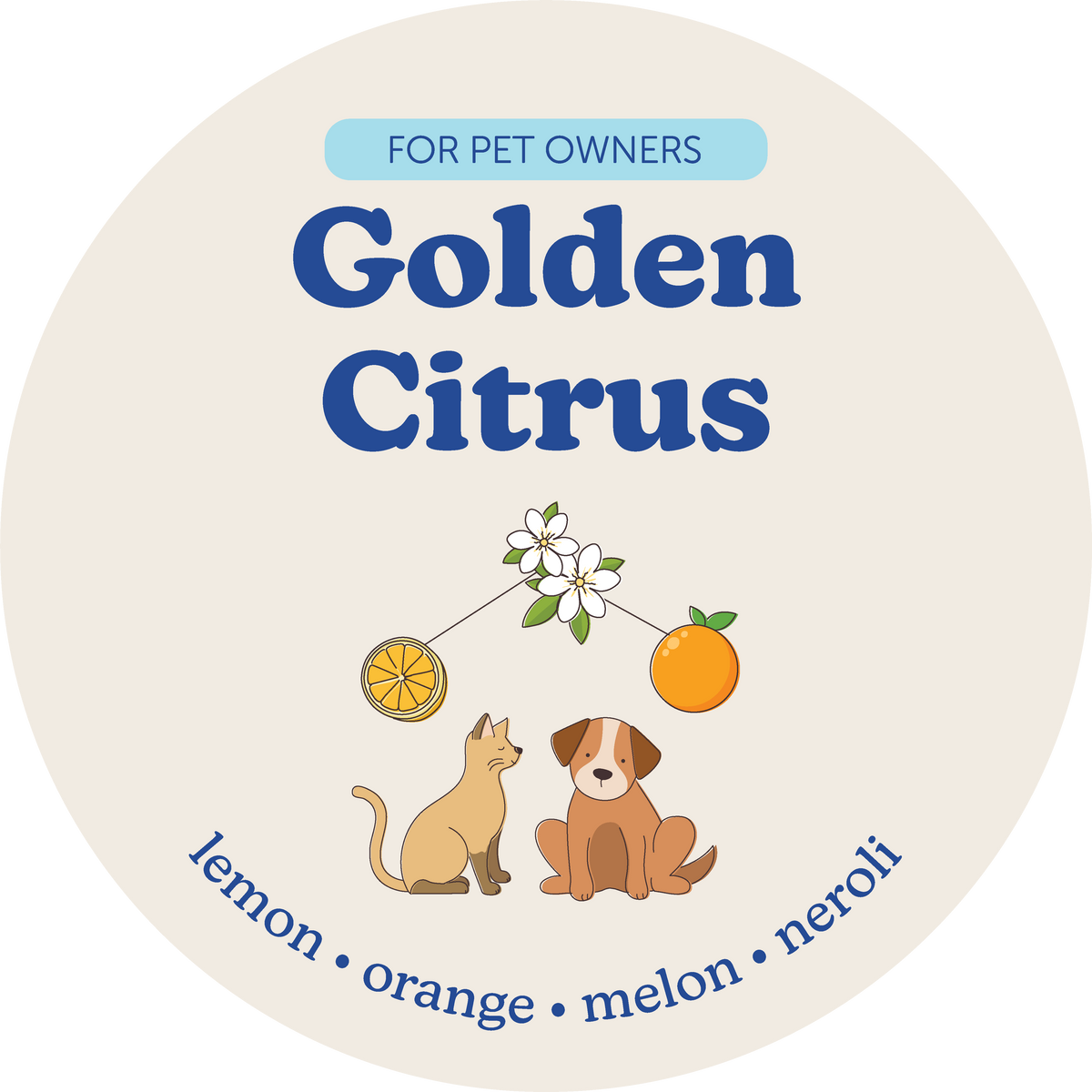 Round beige label with "Golden Citrus" text, cat and dog illustrations, citrus fruits, and scent notes listed at bottom.