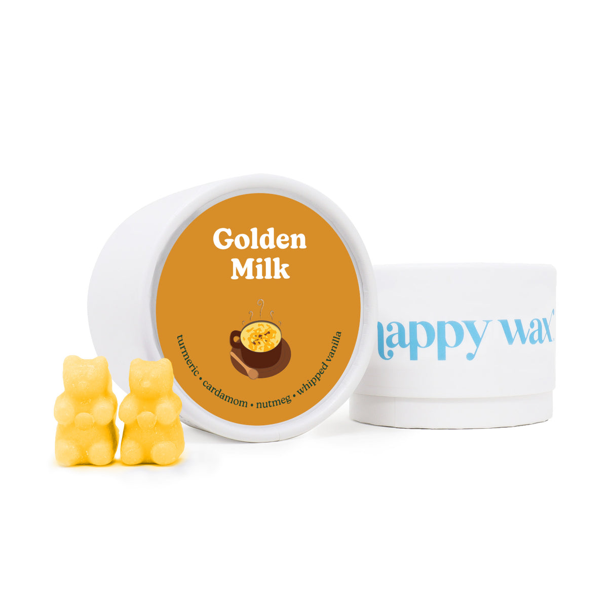 Three yellow bear-shaped wax melts displayed with white container labeled "Golden Milk" and "Happy Wax" box.