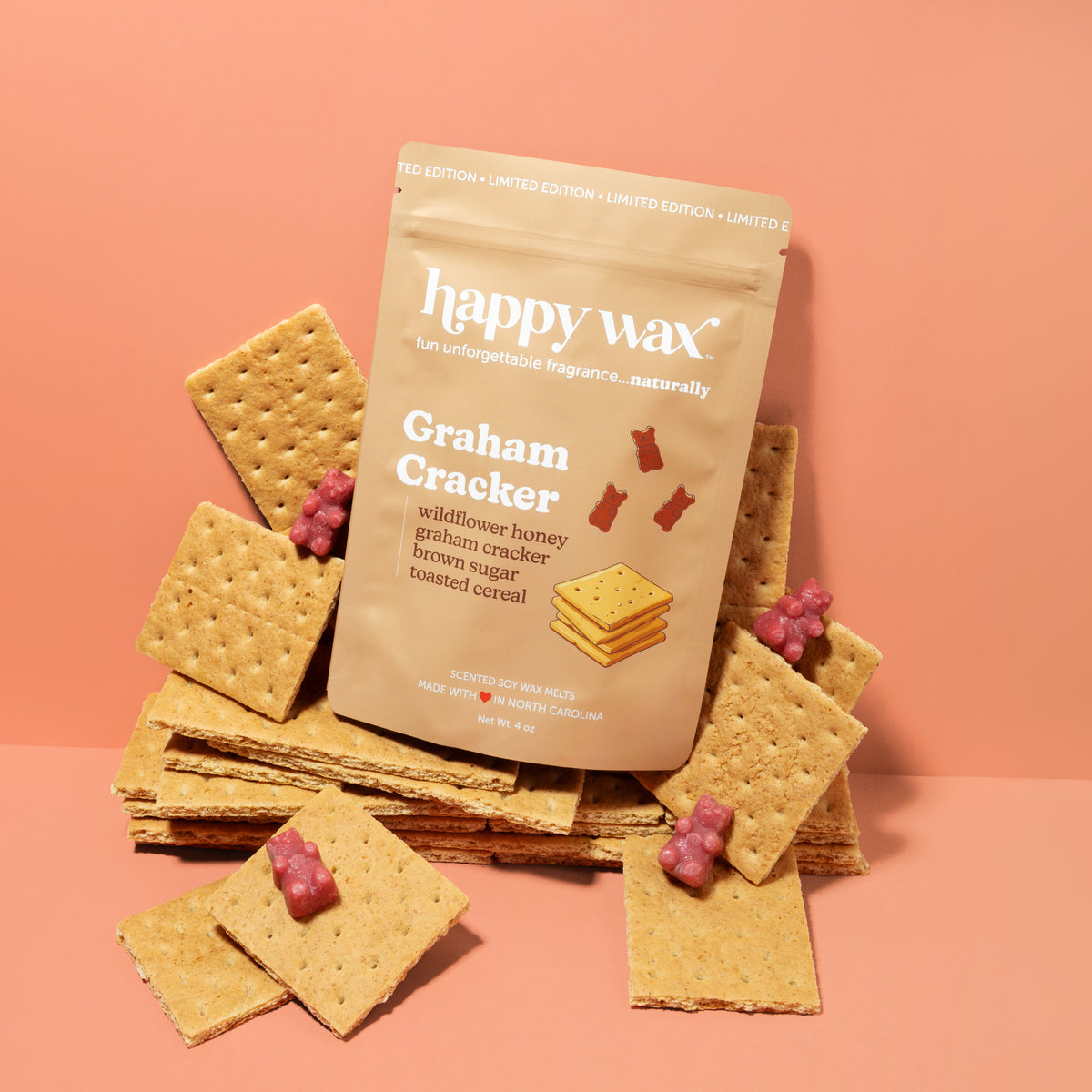 Happy Wax Graham Cracker Pouch on graham crackers with burgundy wax bears  on peach background