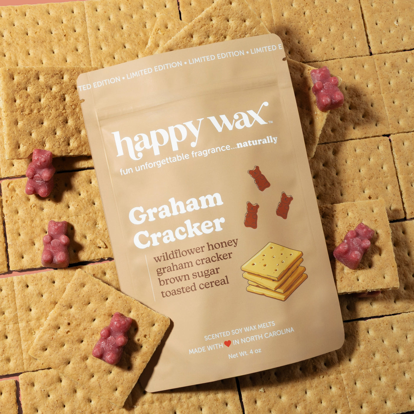 Happy Wax Graham Cracker Pouch on graham crackers with burgundy wax bears 