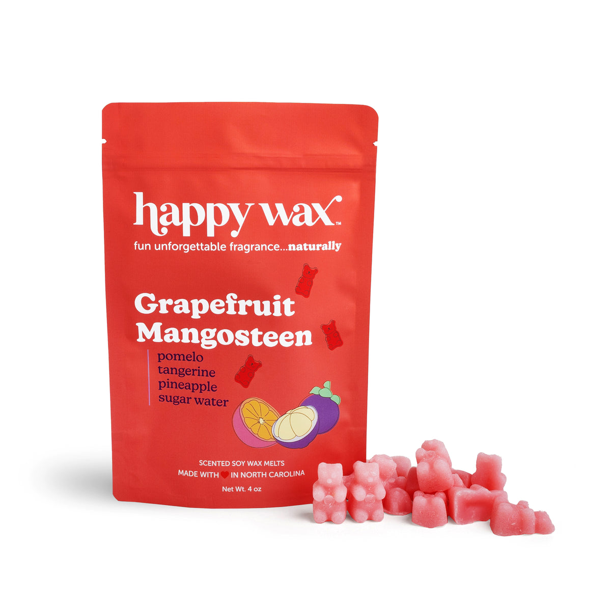 Red pouch of Happy Wax scented soy wax melts with pink wax cubes scattered beside it.