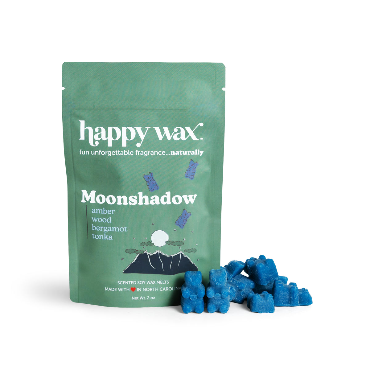 Green pouch of Happy Wax Moonshadow wax melts with blue wax pieces displayed beside it.