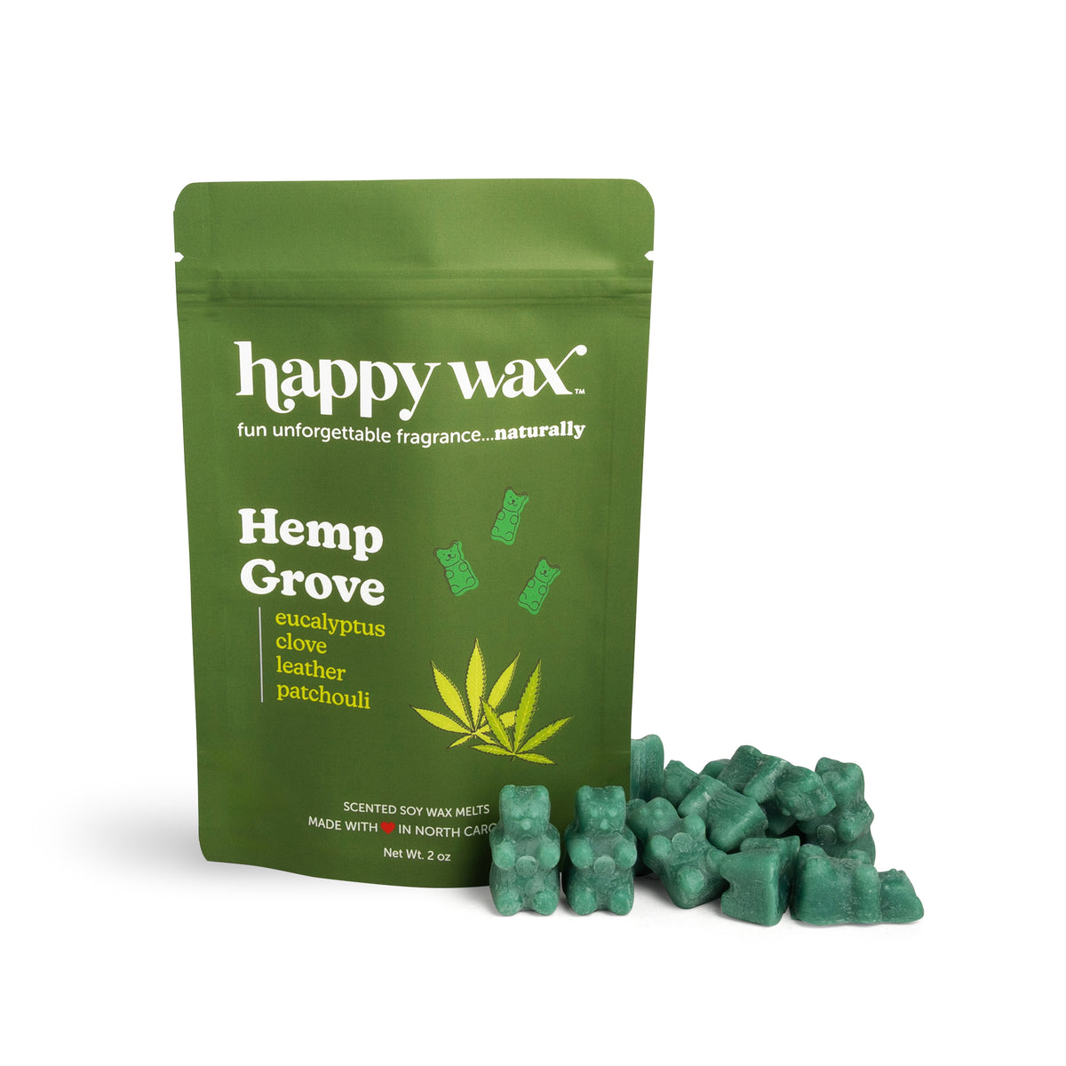 Green pouch of Hemp Grove wax melts with green wax melts displayed in front.