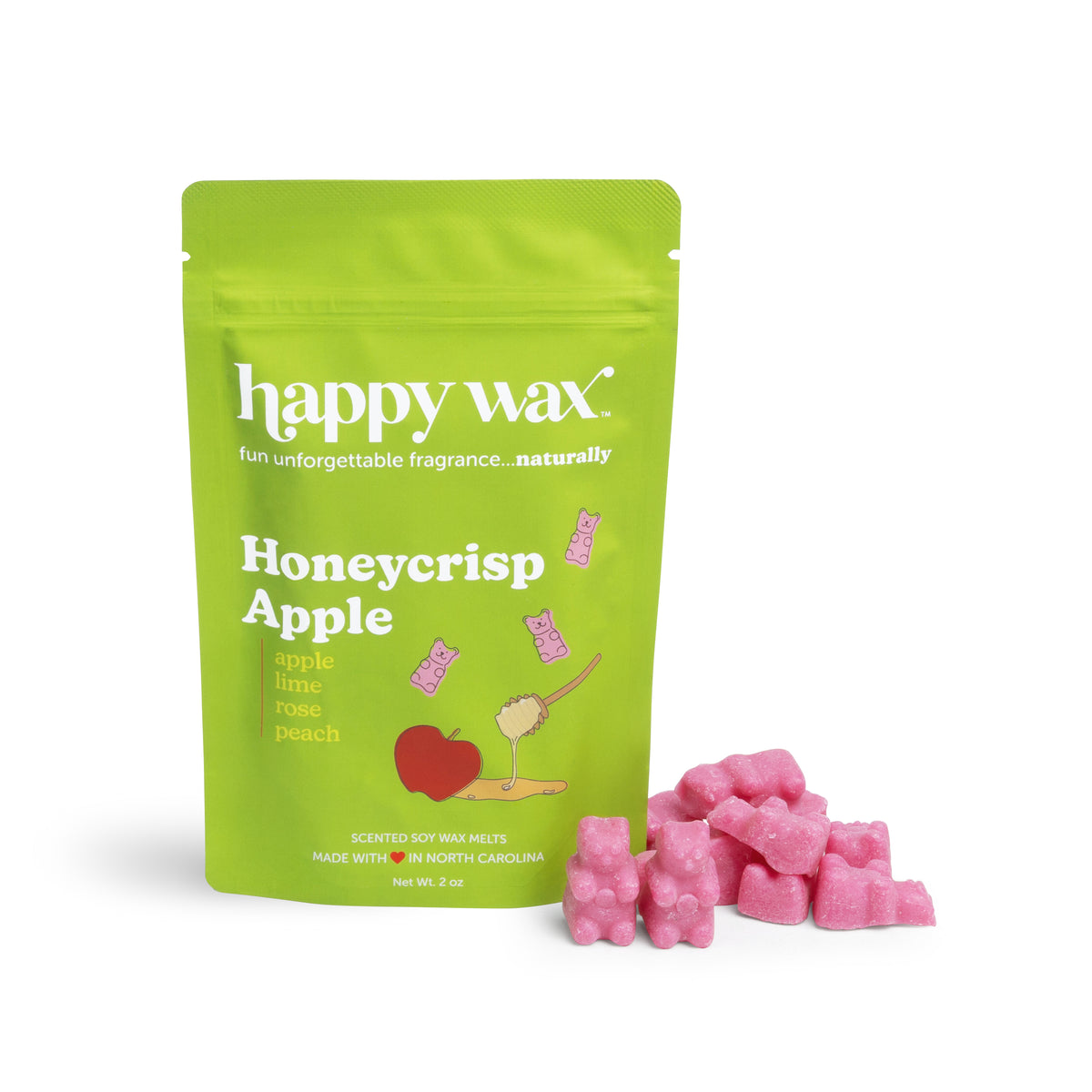 Happy Wax Honeycrisp Apple Pouch with pink wax bears on white background