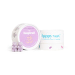 Purple wax melts in a container labeled "I am Inspired" by Cathy Madeo Yoga next to a Happy Wax branded box.