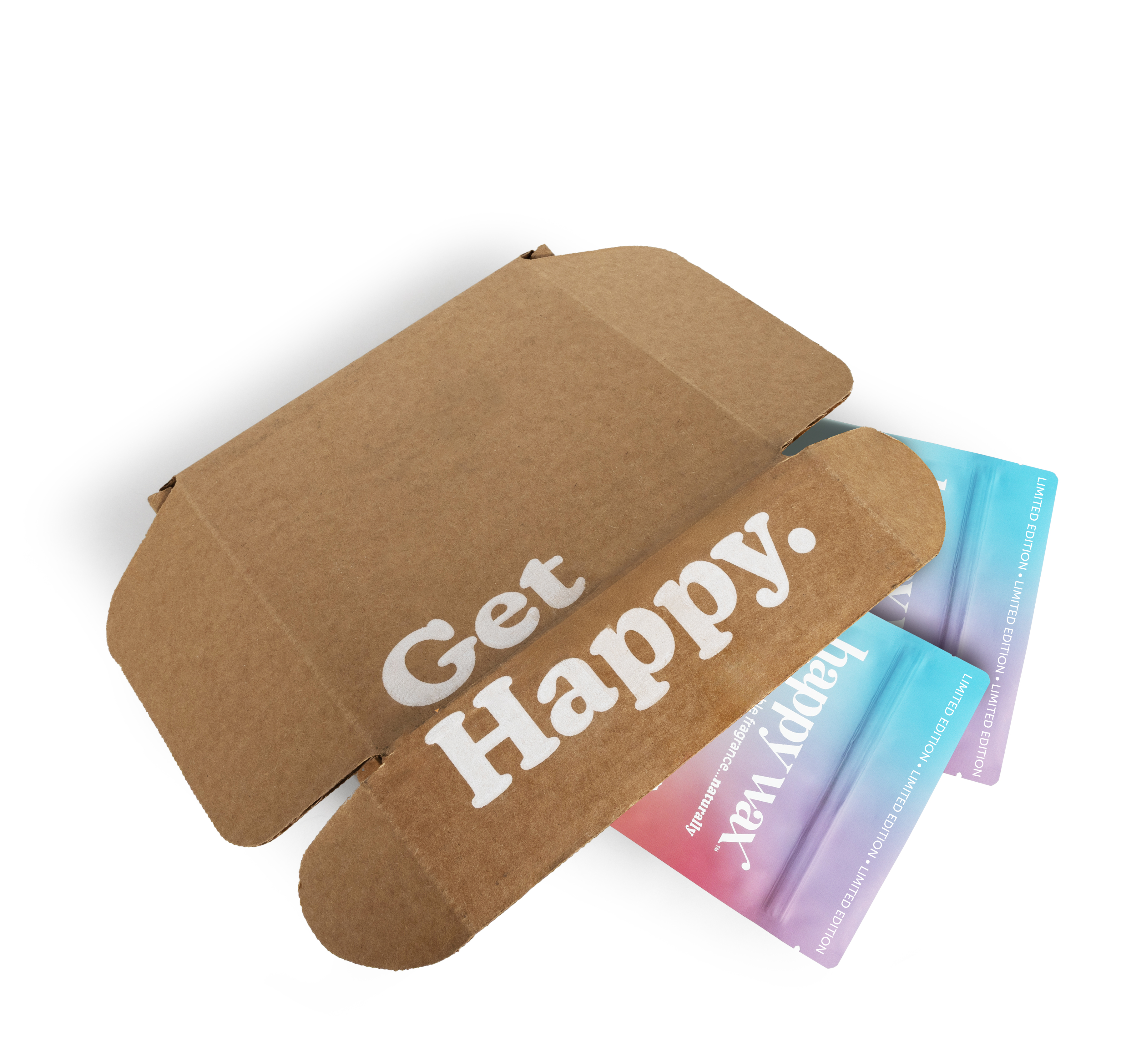 Brown cardboard subscription box with "Get Happy" text and colorful product packets visible inside.