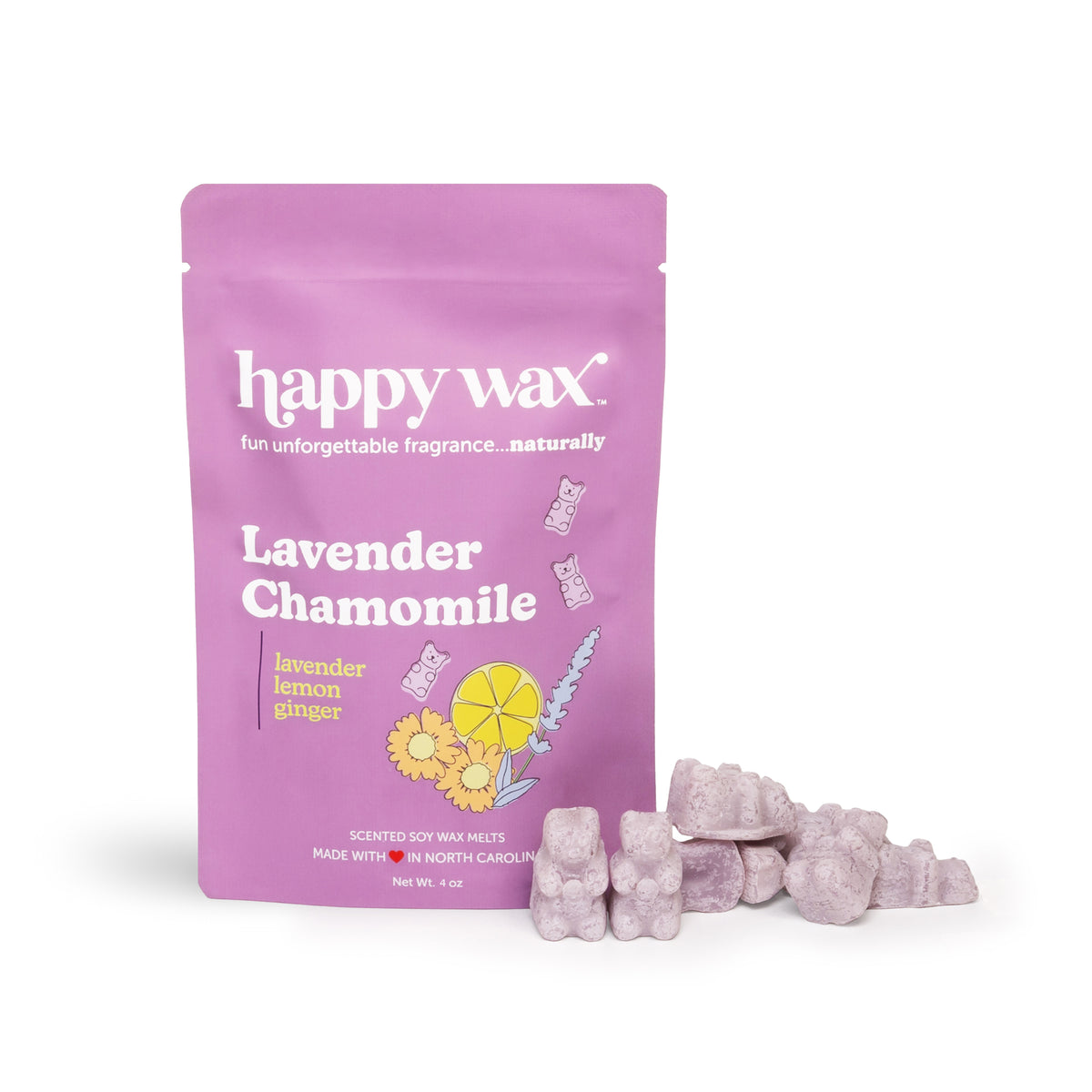 Purple pouch of Happy Wax Lavender Chamomile wax melts with loose purple wax pieces displayed beside it.