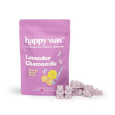 Purple pouch of Happy Wax lavender chamomile scented soy wax melts with loose purple wax pieces displayed beside it.