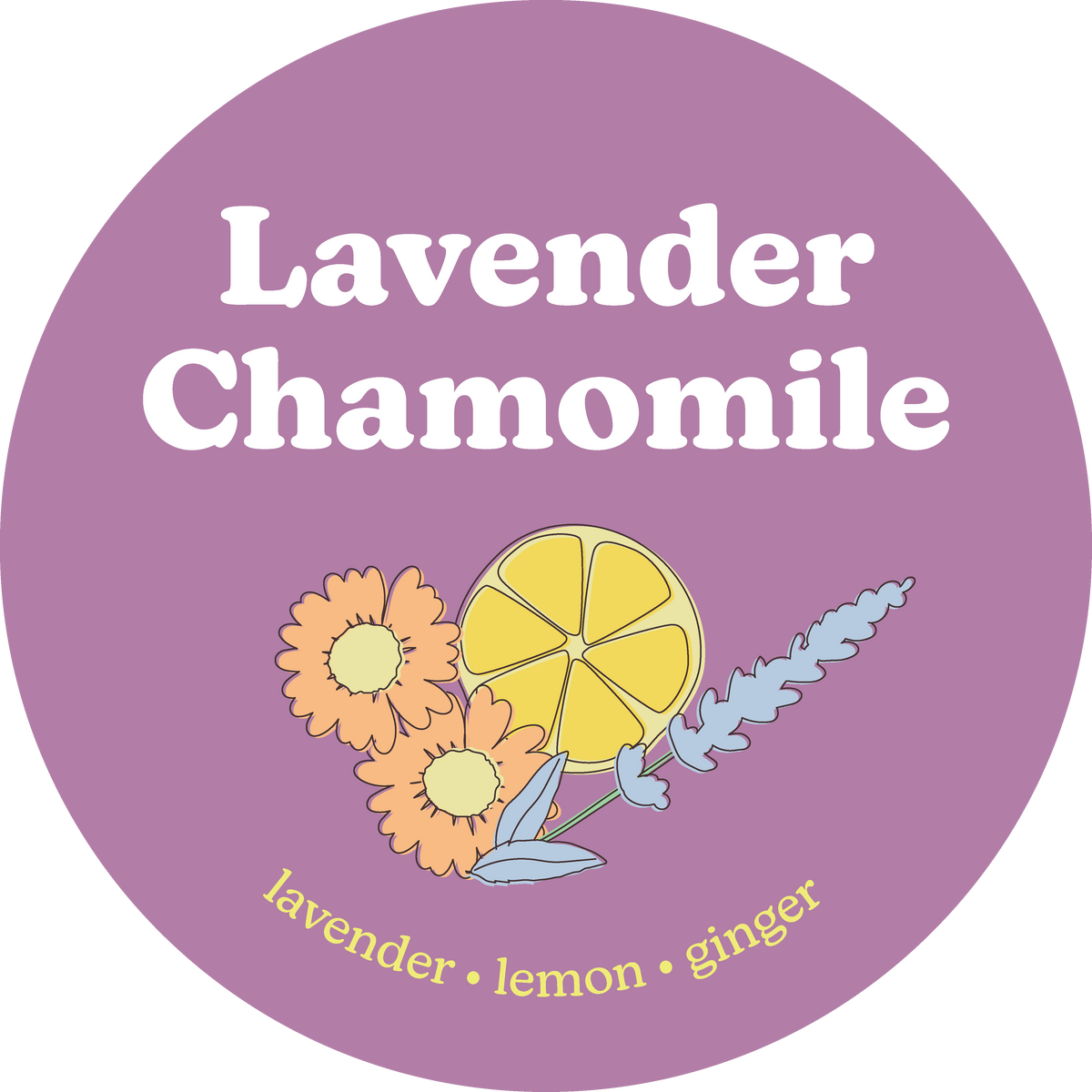Purple circular label with white text reading "Lavender Chamomile" and illustrations of orange flowers, yellow lemon slice, a