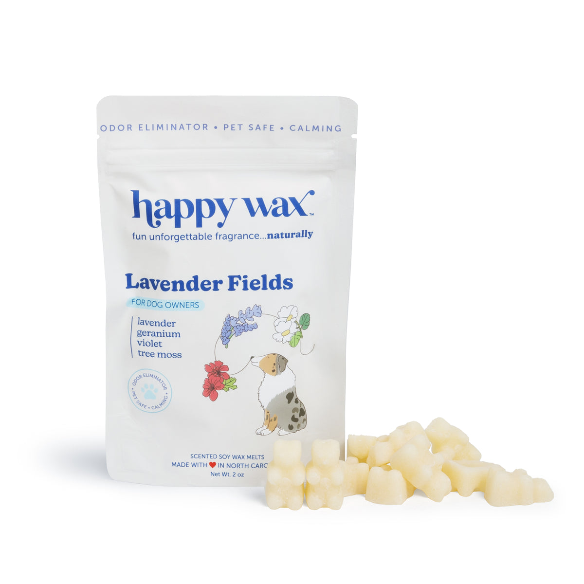 White pouch of Happy Wax lavender fields pet-safe wax melts with cream-colored wax melts displayed beside it.