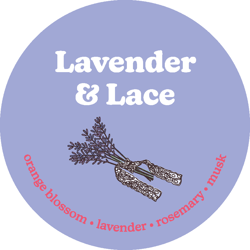 Purple circular label with "Lavender & Lace" text and dried lavender bundle illustration with lace-wrapped stems.
