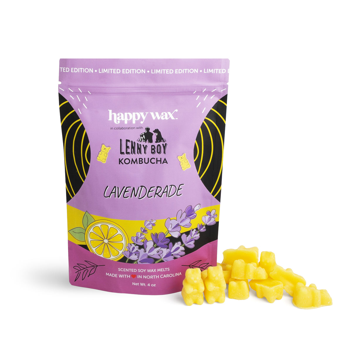 Purple pouch with yellow wax melts featuring lavender and lemon illustrations, labeled Lavenderade by Happy Wax.