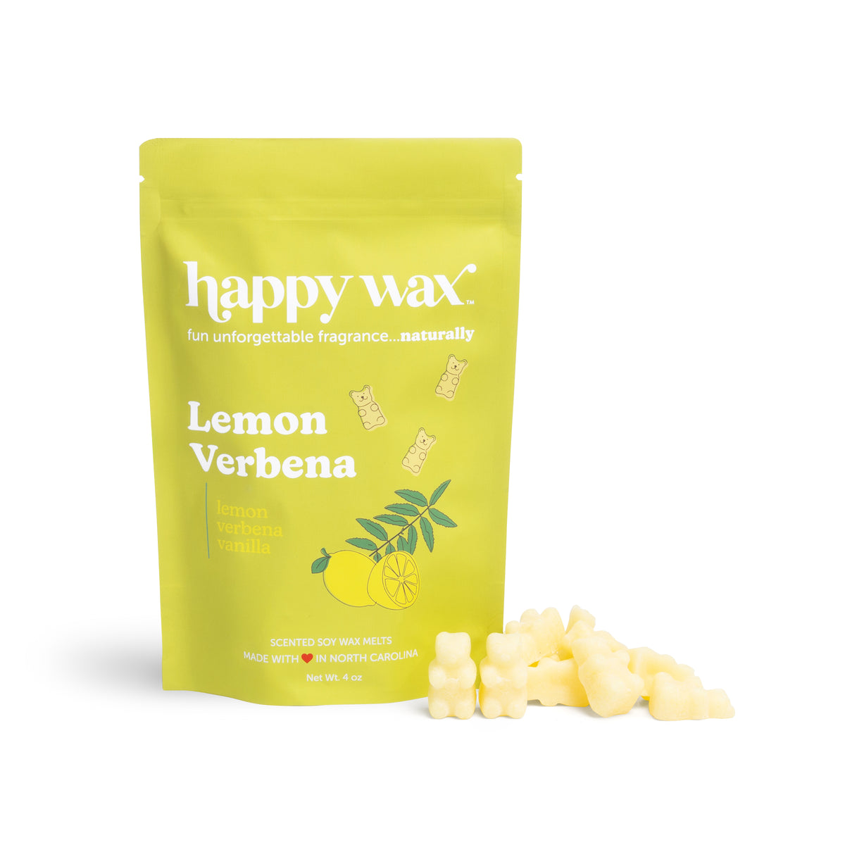 Yellow pouch of Happy Wax lemon verbena scented soy wax melts with cream-colored wax cubes displayed beside it.