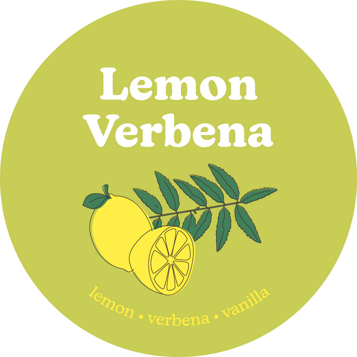 Round lime green label with "Lemon Verbena" text, illustrated lemon and verbena leaves.