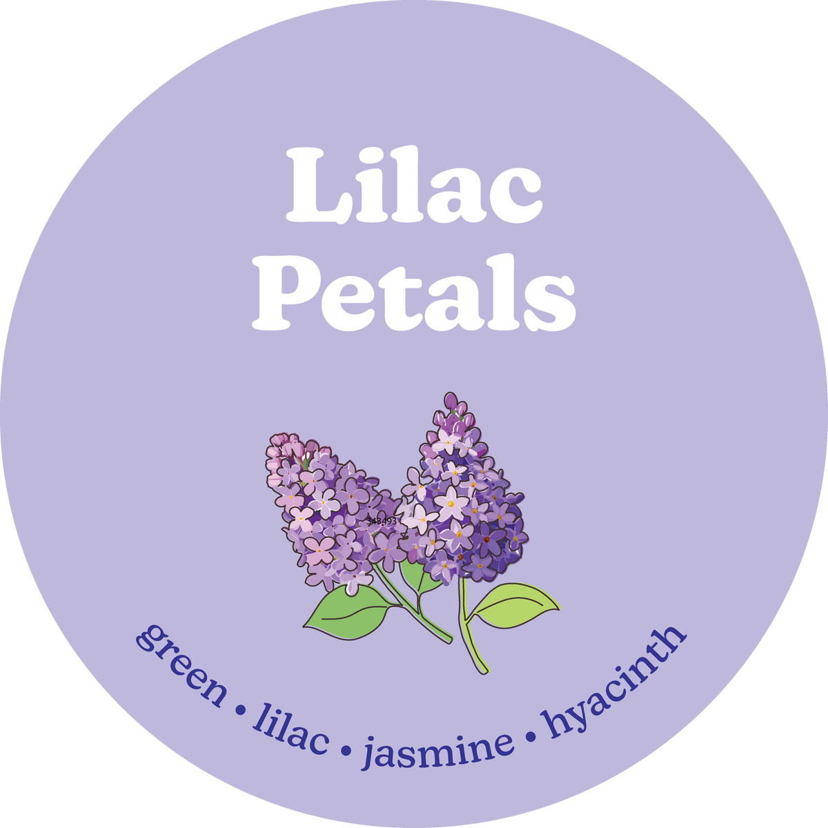 Purple circular label with "Lilac Petals" text, illustrated lilac flowers with green leaves, and scent notes listed below.