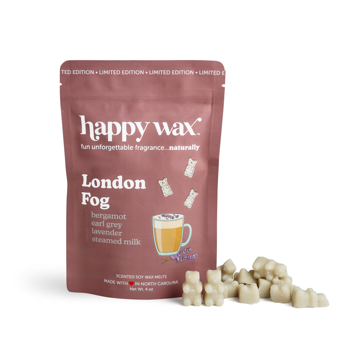 Mauve pouch of Happy Wax London Fog soy wax melts with cream-colored wax cubes displayed in front.