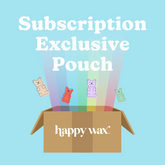 Cardboard box with "happy wax" branding emitting colorful gummy bear designs and rainbow light against blue background.