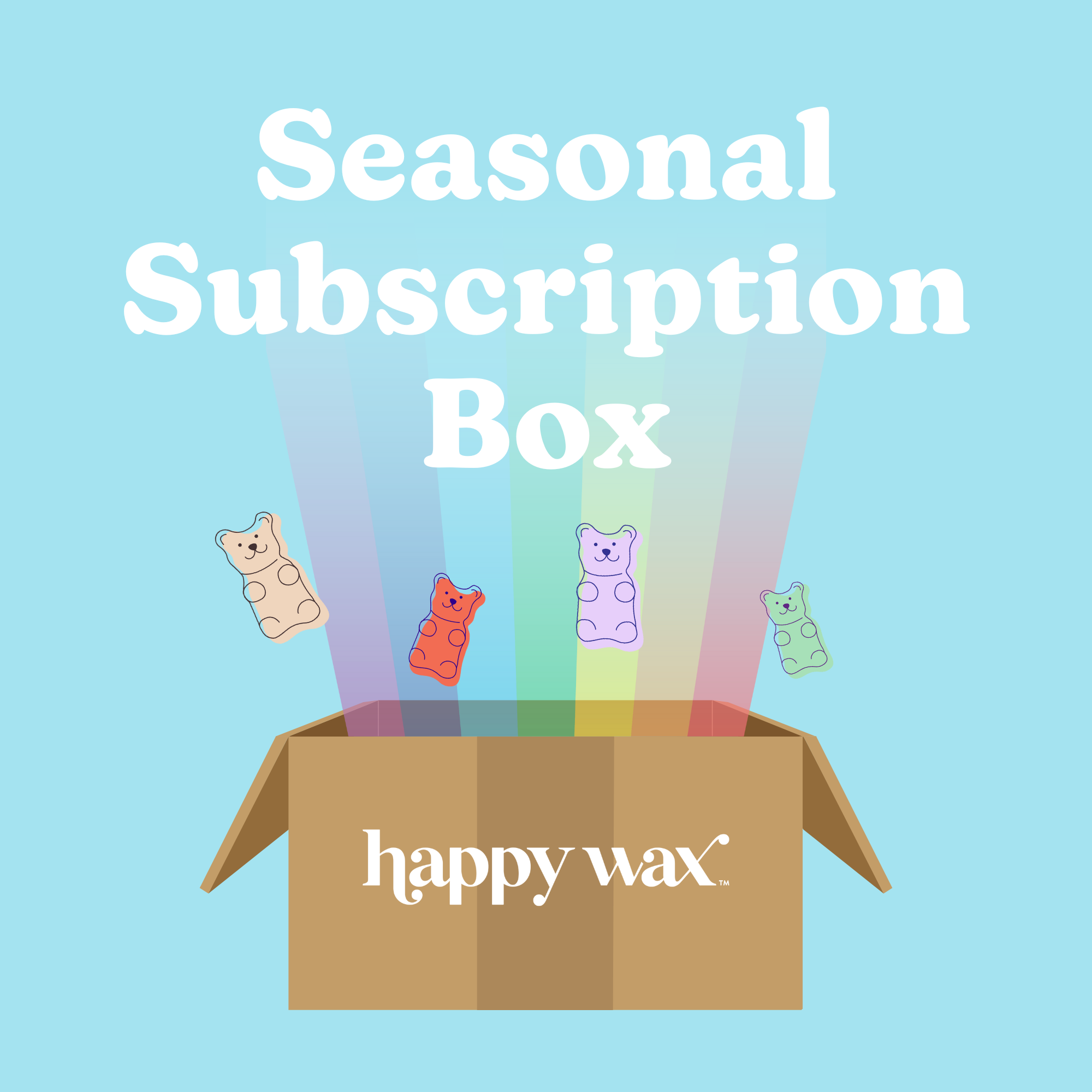 Open cardboard box with colorful gummy bears and rainbow light beams against light blue background.