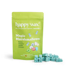 Lime green pouch of Happy Wax Magic Marshmallows with turquoise wax melt pieces displayed in front.