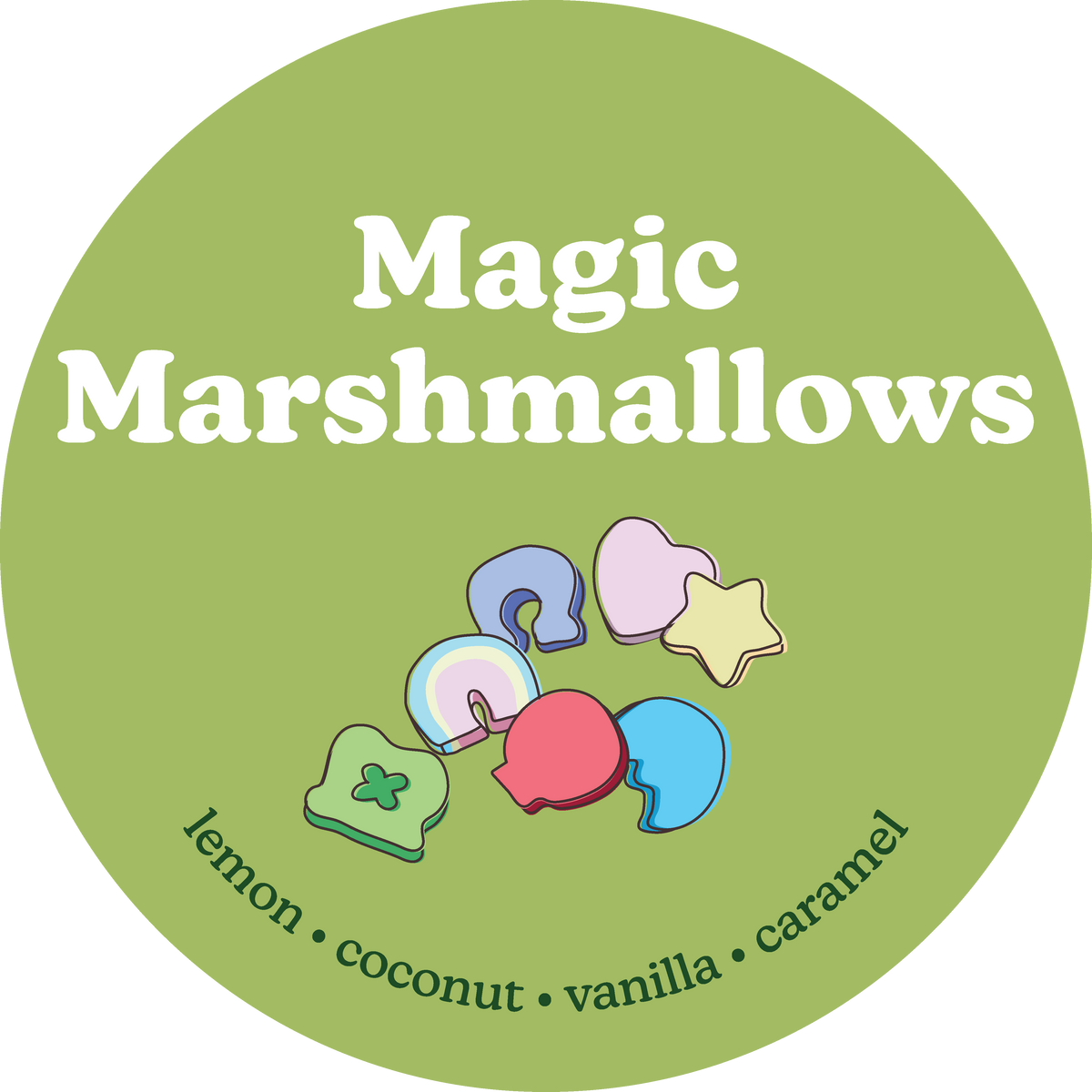 Round green label with "Magic Marshmallows" text and colorful wax melt shapes in various pastel colors on lime background.