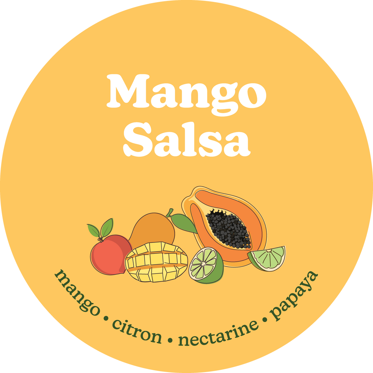 Round yellow wax melt label with "Mango Salsa" text and illustrated fruits including mango, papaya, and citrus slices.