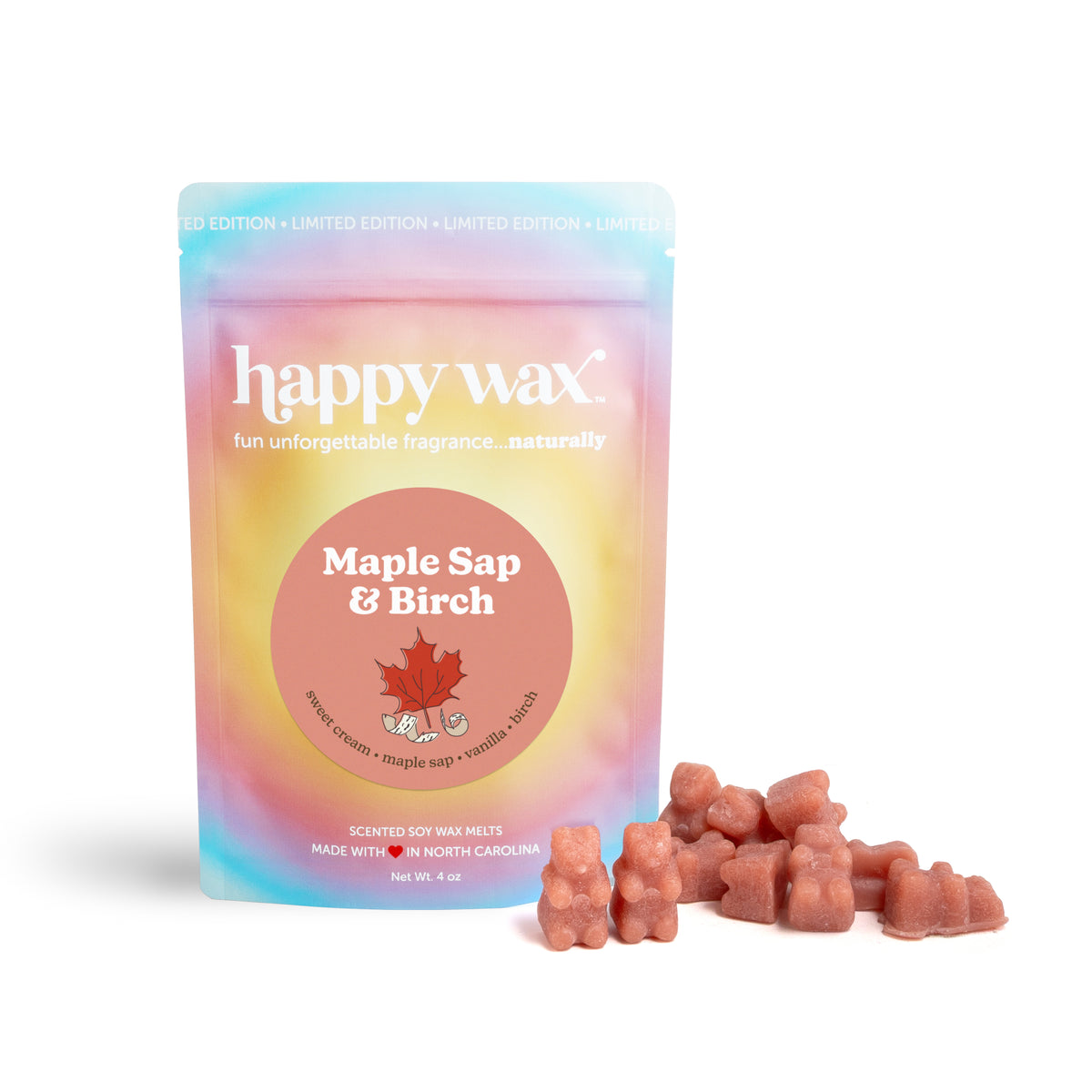 Happy Wax brand pouch of maple sap and birch scented soy wax melts in coral-pink color with packaging and individual melts di