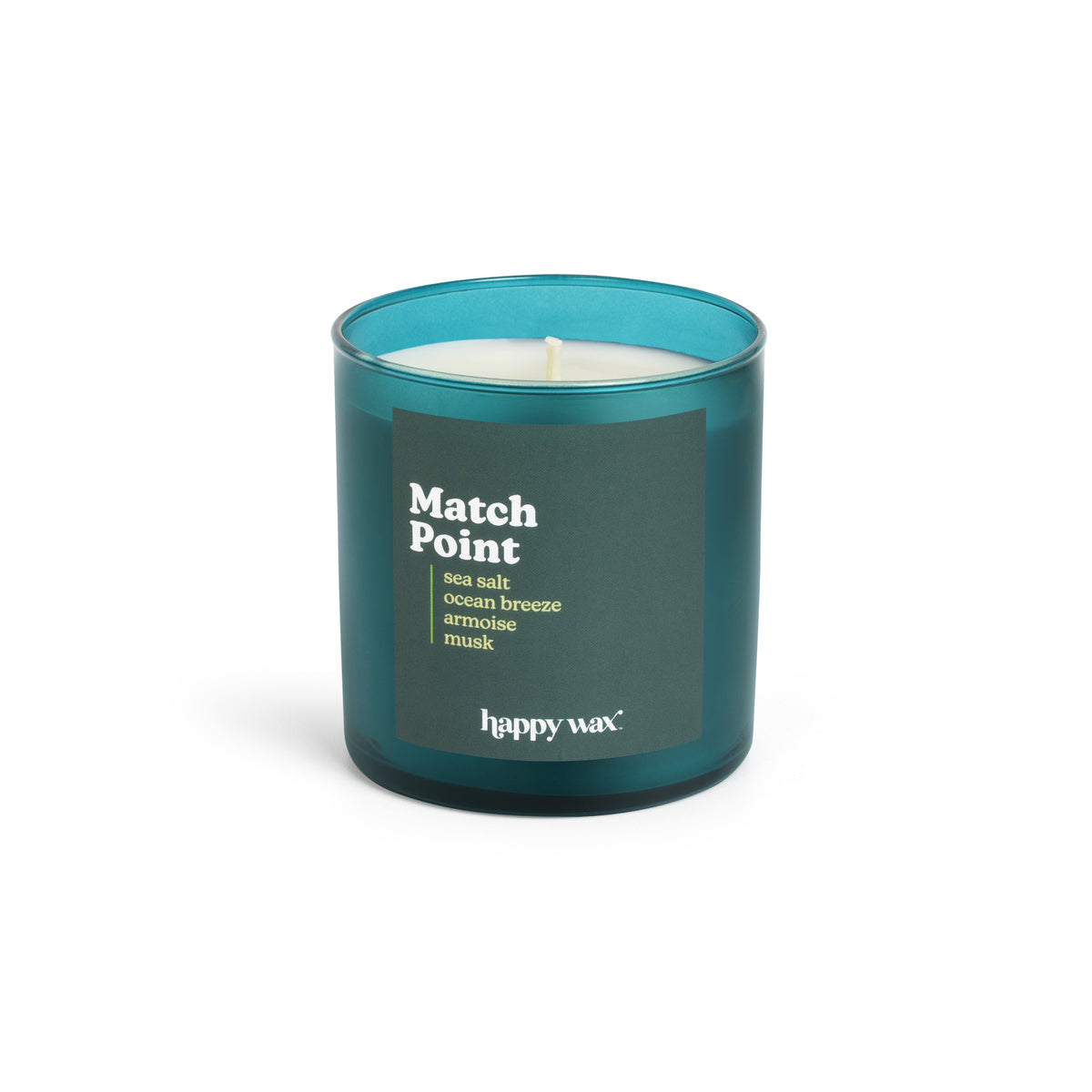 Teal glass candle with white wax and single wick, labeled "Match Point" by happy wax.