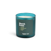 Teal glass candle with white wax and single wick, labeled "Match Point" by happy wax.