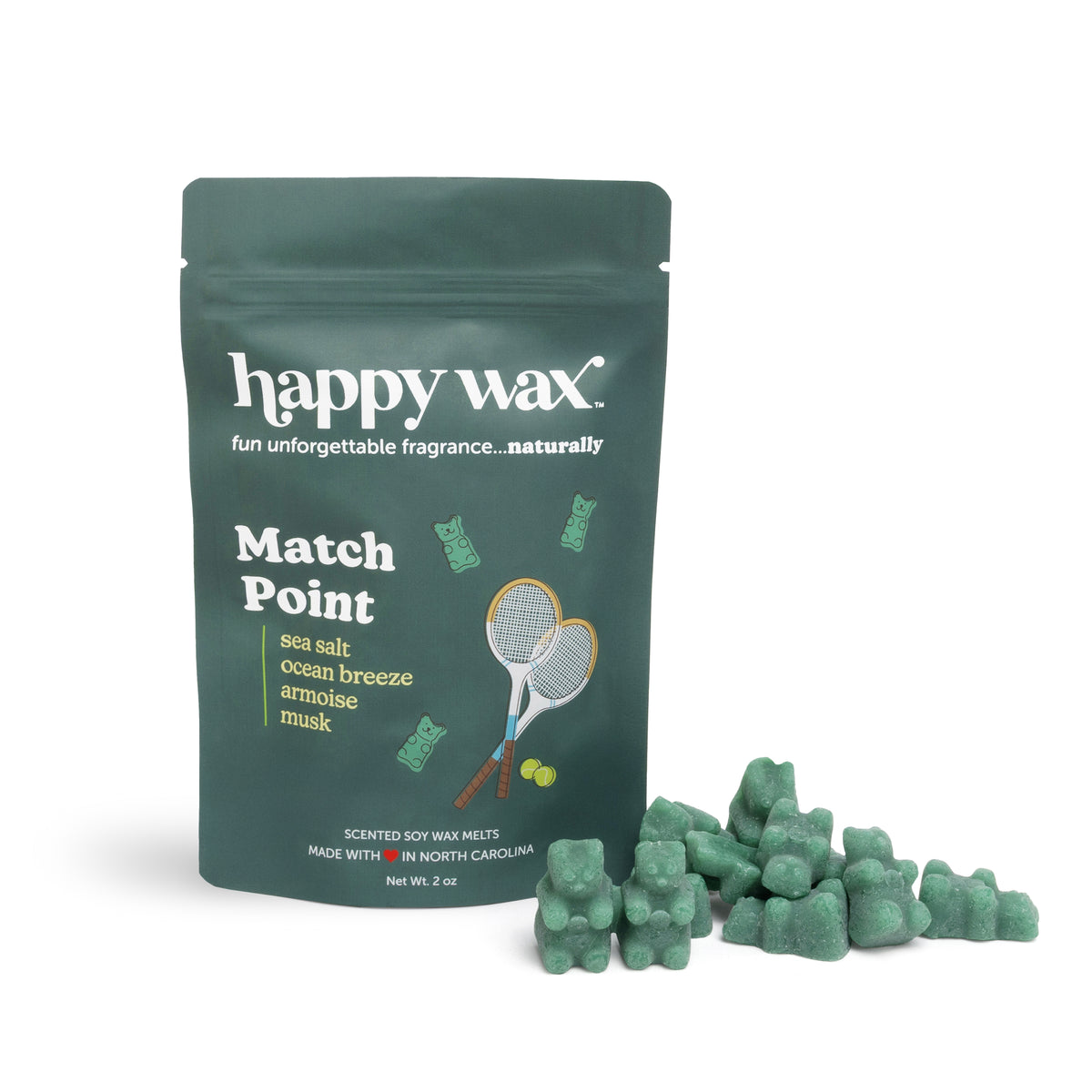 Green pouch of Match Point wax melts with scattered green wax pieces and tennis racket graphics on packaging.