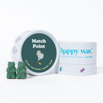 Match Point wax melts in forest green with tennis racket design, accompanied by happy wax branded packaging.