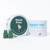 Match Point wax melts in forest green with tennis racket design, accompanied by happy wax branded packaging.