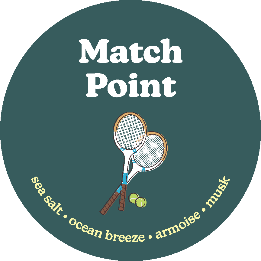Teal circular label with "Match Point" text, tennis rackets, and balls on dark green background.