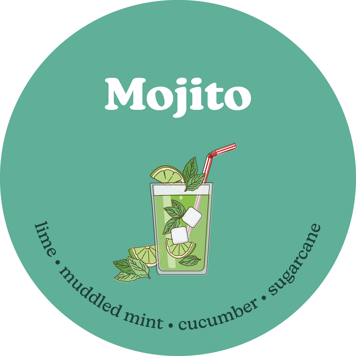 Teal circular label with "Mojito" text, illustrated cocktail glass with lime slices, mint leaves, straw, and ice cubes, listi