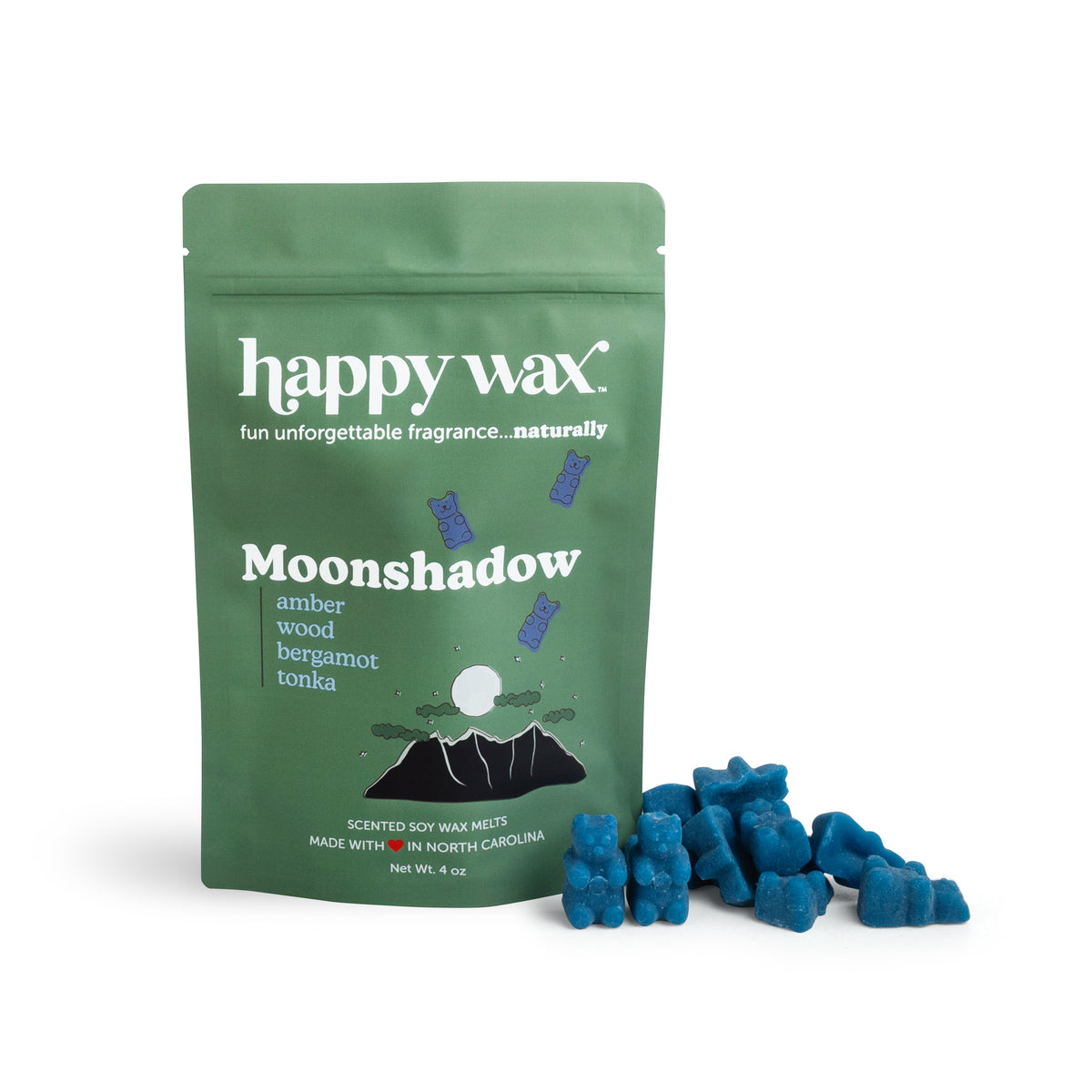 Green pouch of Happy Wax Moonshadow scented soy wax melts with blue wax pieces displayed beside it.
