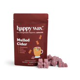 Dark red pouch of Happy Wax Mulled Cider scented soy wax melts with mauve wax pieces displayed beside it.