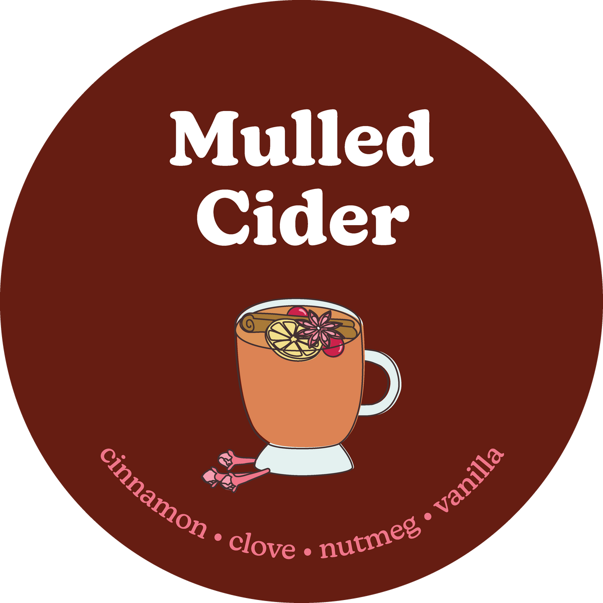 Dark brown circular label with white text reading "Mulled Cider" and illustration of a mug with lemon slice and spices, ingre