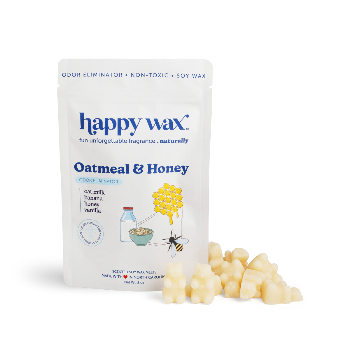 White pouch of Happy Wax Oatmeal & Honey wax melts with cream-colored wax pieces displayed in front.