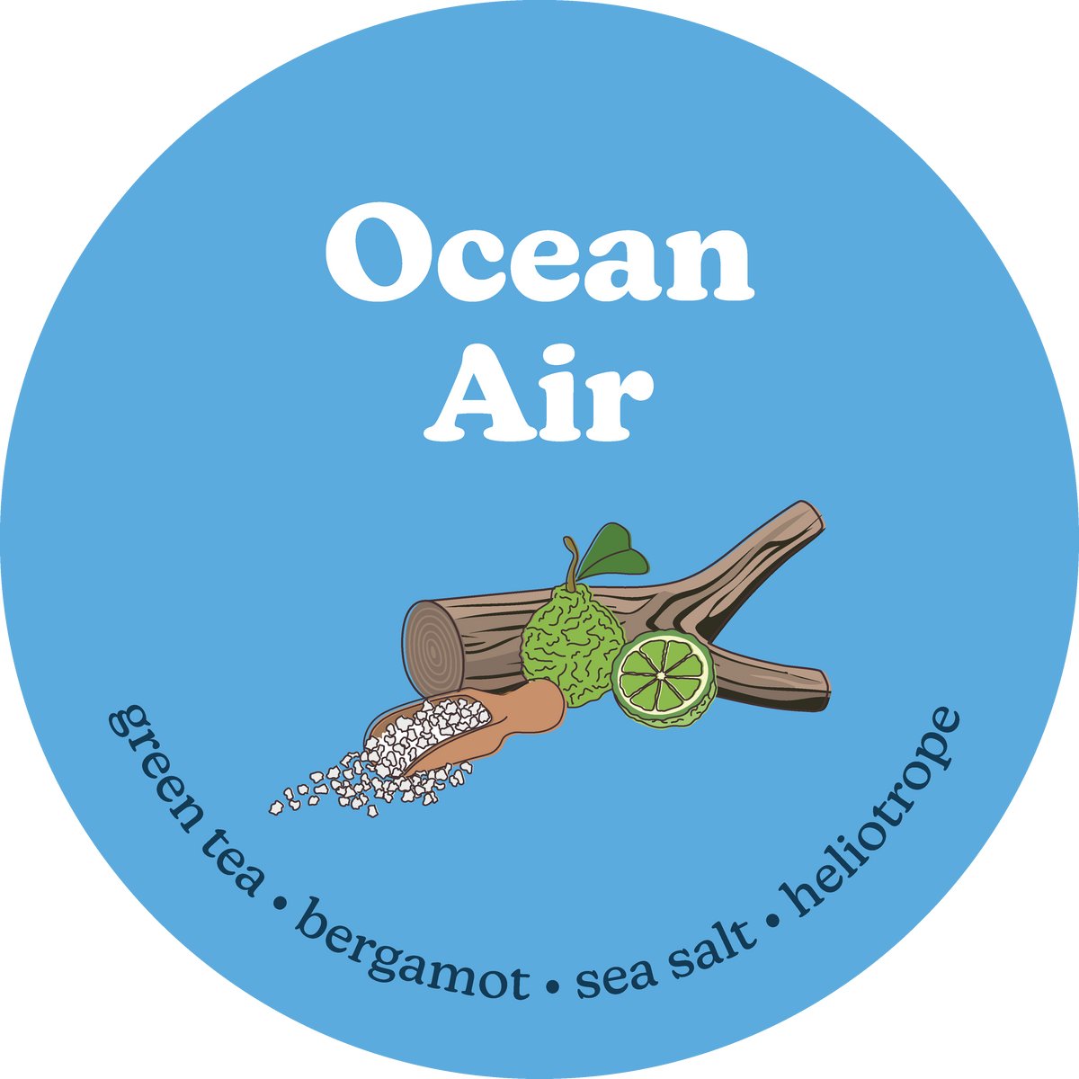 Blue circular label for Ocean Air wax melts with illustrations of driftwood, lime, sea salt, and bergamot ingredients.