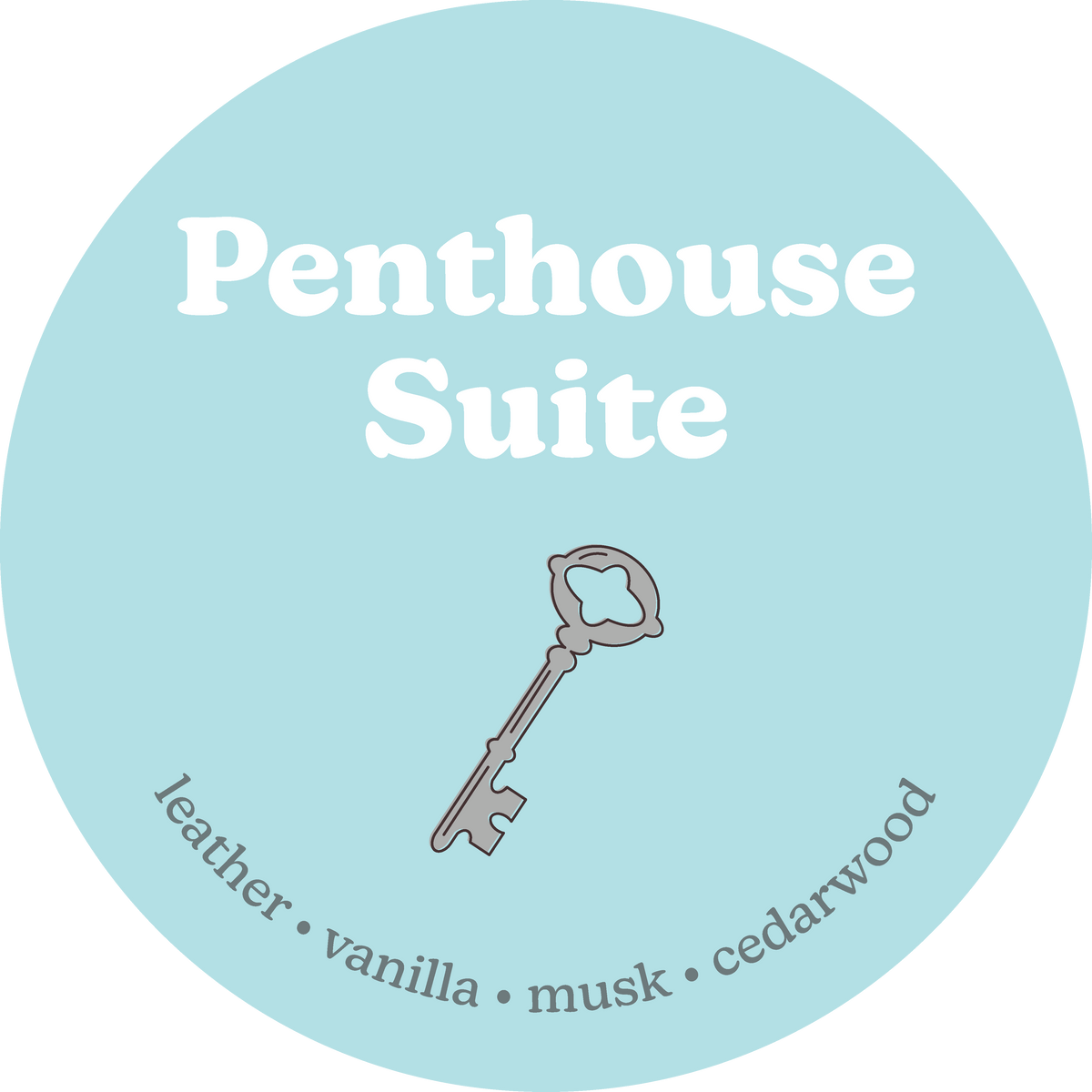 Light blue circular label with "Penthouse Suite" text and decorative key, listing leather, vanilla, musk, and cedarwood scent