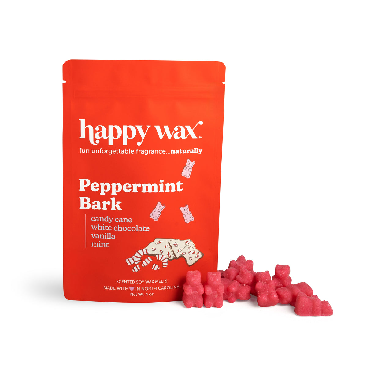 Red pouch of Peppermint Bark wax melts with pink star-shaped wax pieces displayed in front.