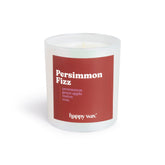 White cylindrical candle with red label reading "Persimmon Fizz" and single centered wick.