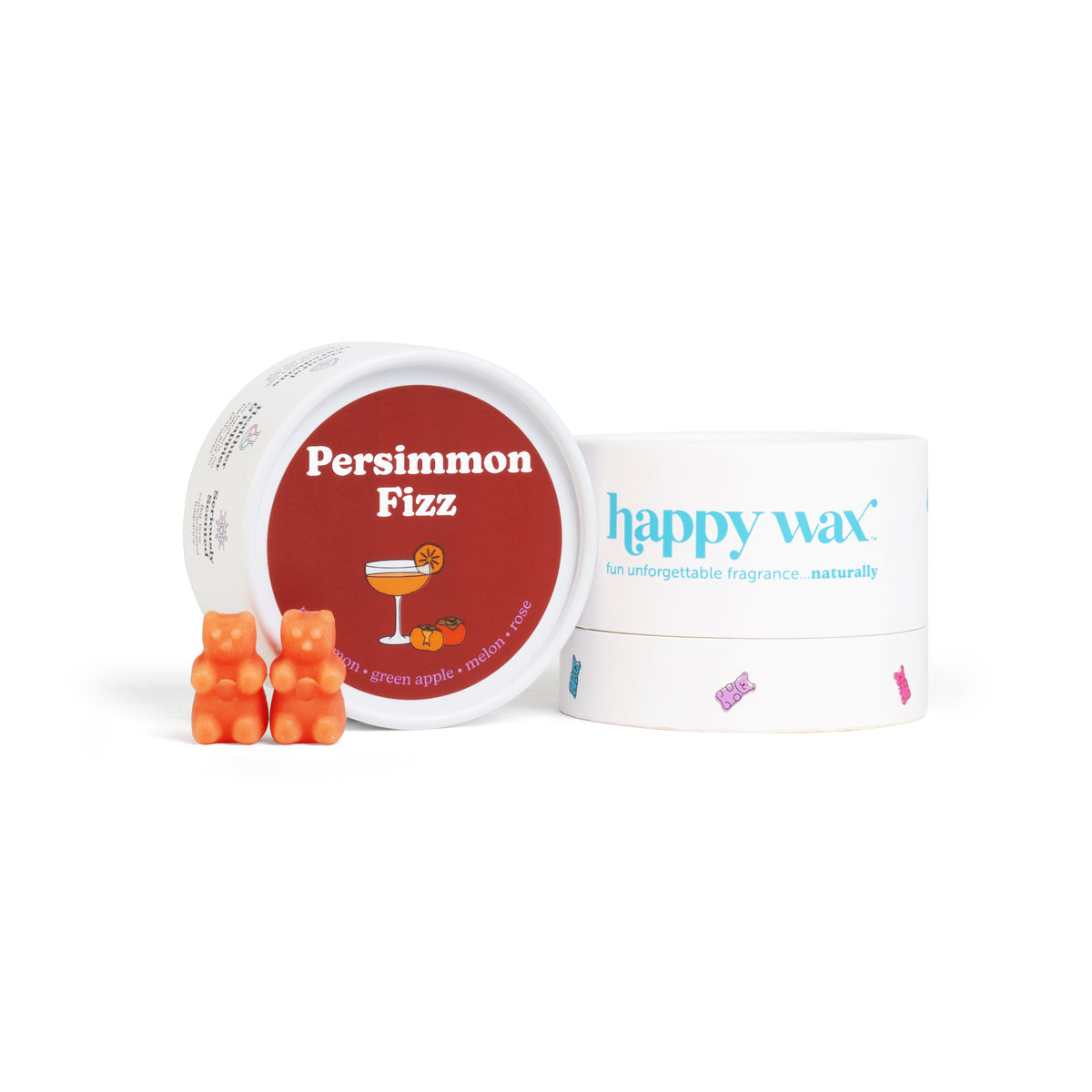 Orange wax melts with white container labeled "Persimmon Fizz" and happy wax branded packaging.