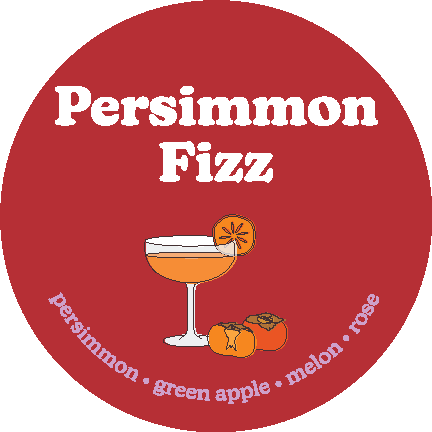 Red circular label for Persimmon Fizz wax melts with cocktail and fruit illustrations and ingredient text.
