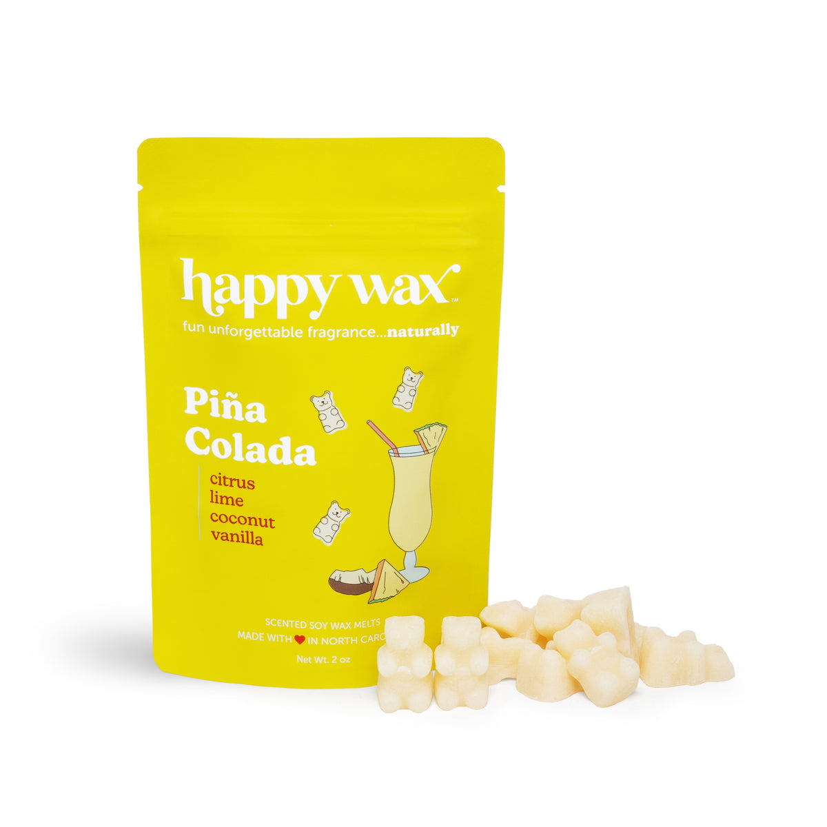Yellow Piña Colada wax melt package with cream-colored wax melts scattered in front.