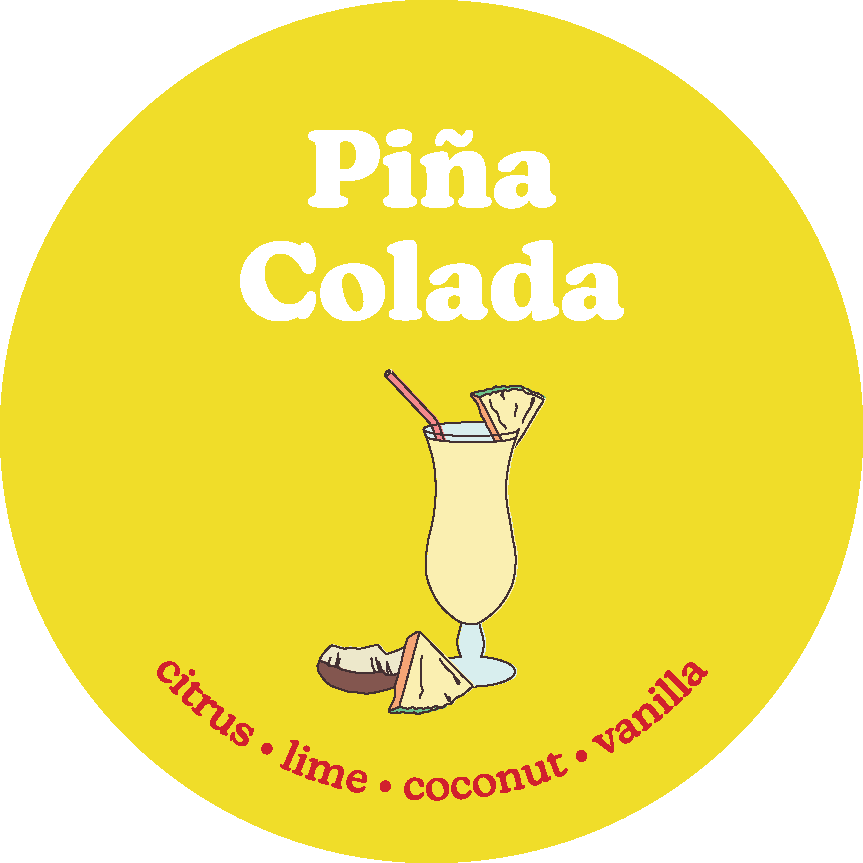 Bright yellow circular label with "Pina Colada" text, illustrated cocktail glass with straw, pineapple wedge, and coconut hal