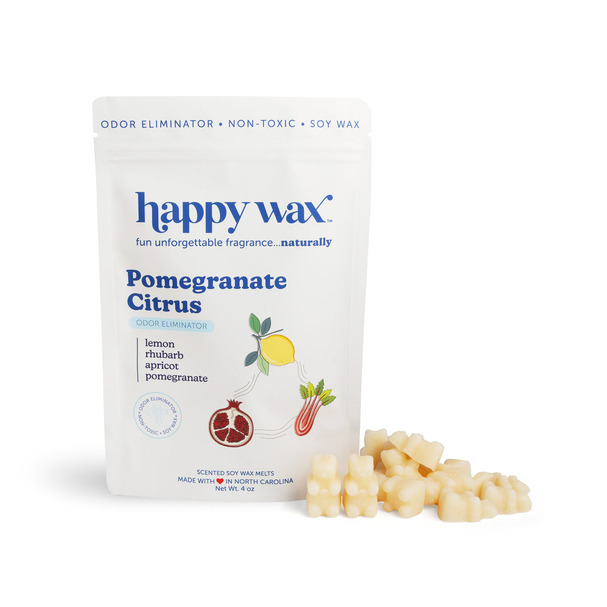 White pouch of Happy Wax pomegranate citrus soy wax melts with cream-colored wax cubes displayed in front.