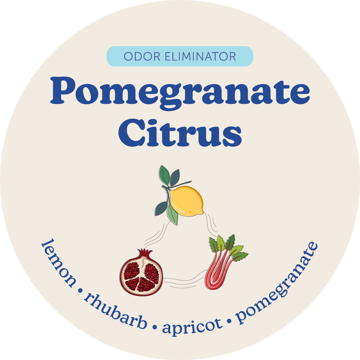 Round cream label with dark blue text reading "Pomegranate Citrus," illustrations of lemon, pomegranate, and rhubarb, and blu