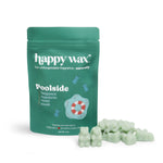 Green resealable pouch of Happy Wax Poolside scented soy wax melts with pale green wax pieces displayed beside it.