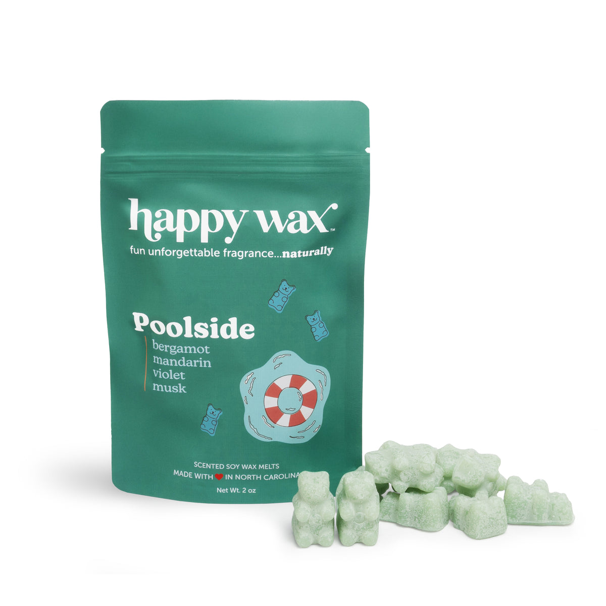 Green resealable pouch of Happy Wax Poolside scented soy wax melts with pale green wax pieces displayed beside it.