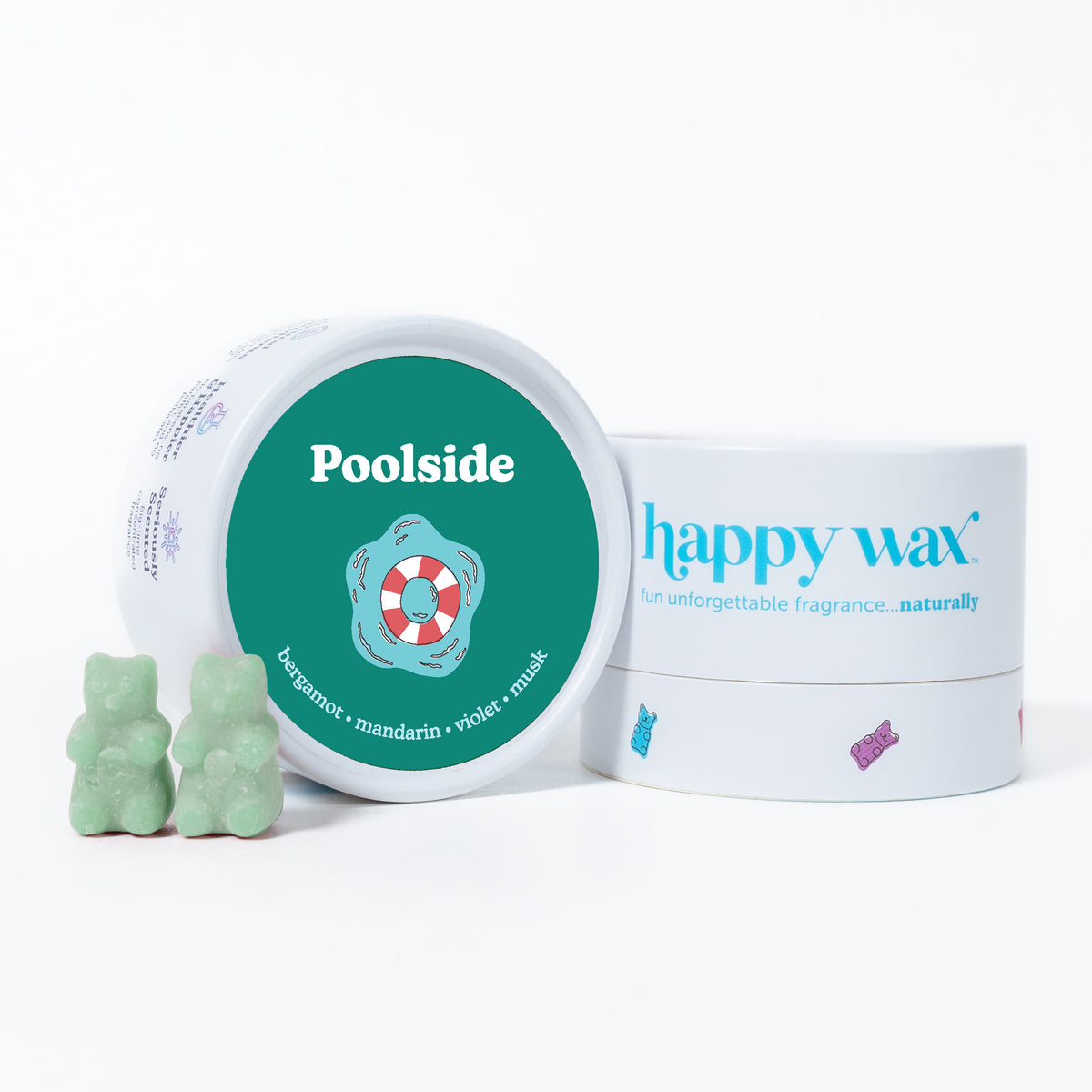 Green bear-shaped wax melts next to teal and white Happy Wax container labeled Poolside with life preserver graphic.